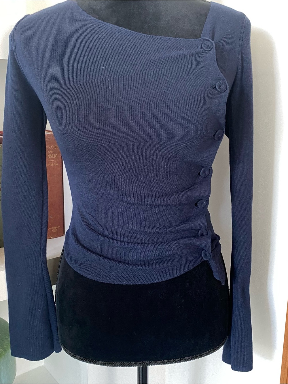 Zara Navy Asymmetrical Side-Button Long Sleeve Top